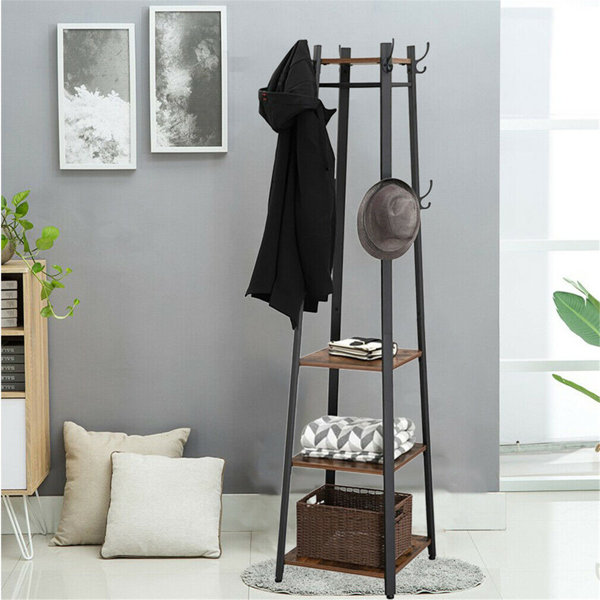 Latitude Run® 8 Hook Freestanding Coat Rack With Storage Shelves